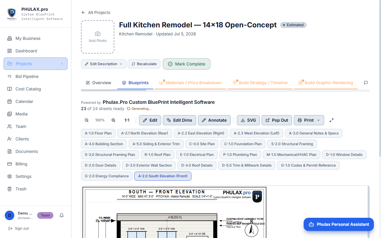 Phulax permit-ready blueprint sheets for a project