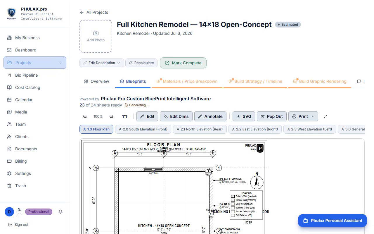 Phulax dashboard opening straight into a project with blueprints ready
