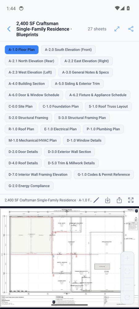 Team member paging through all 24 blueprint sheets for a single-family residence on the Phulax Pro mobile app