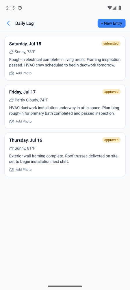 Team member filling out a daily log entry on the Phulax Pro mobile app