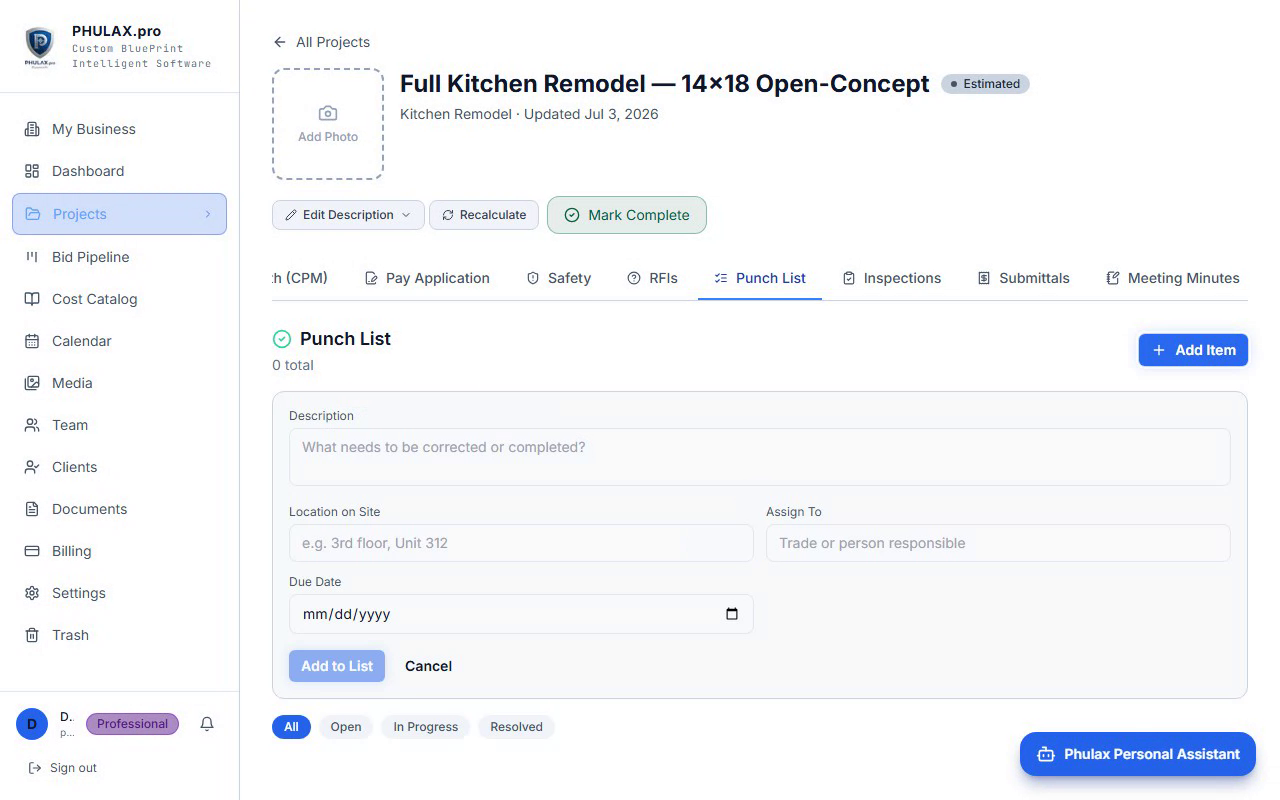 Phulax punch list for closing out a project